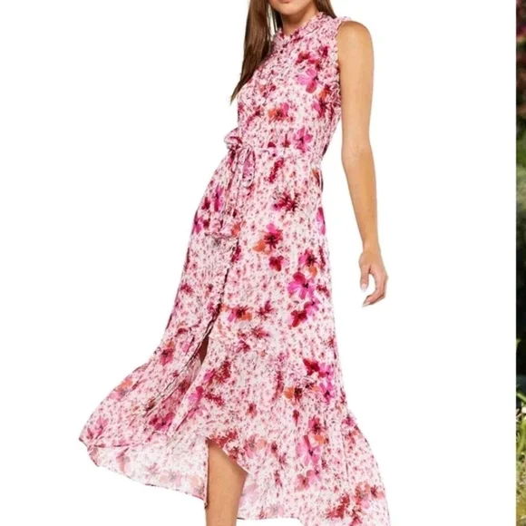 MISA Los Angeles Aurelie Ruffled Pink Floral Midi Dress Size Large - Picture 2 of 14